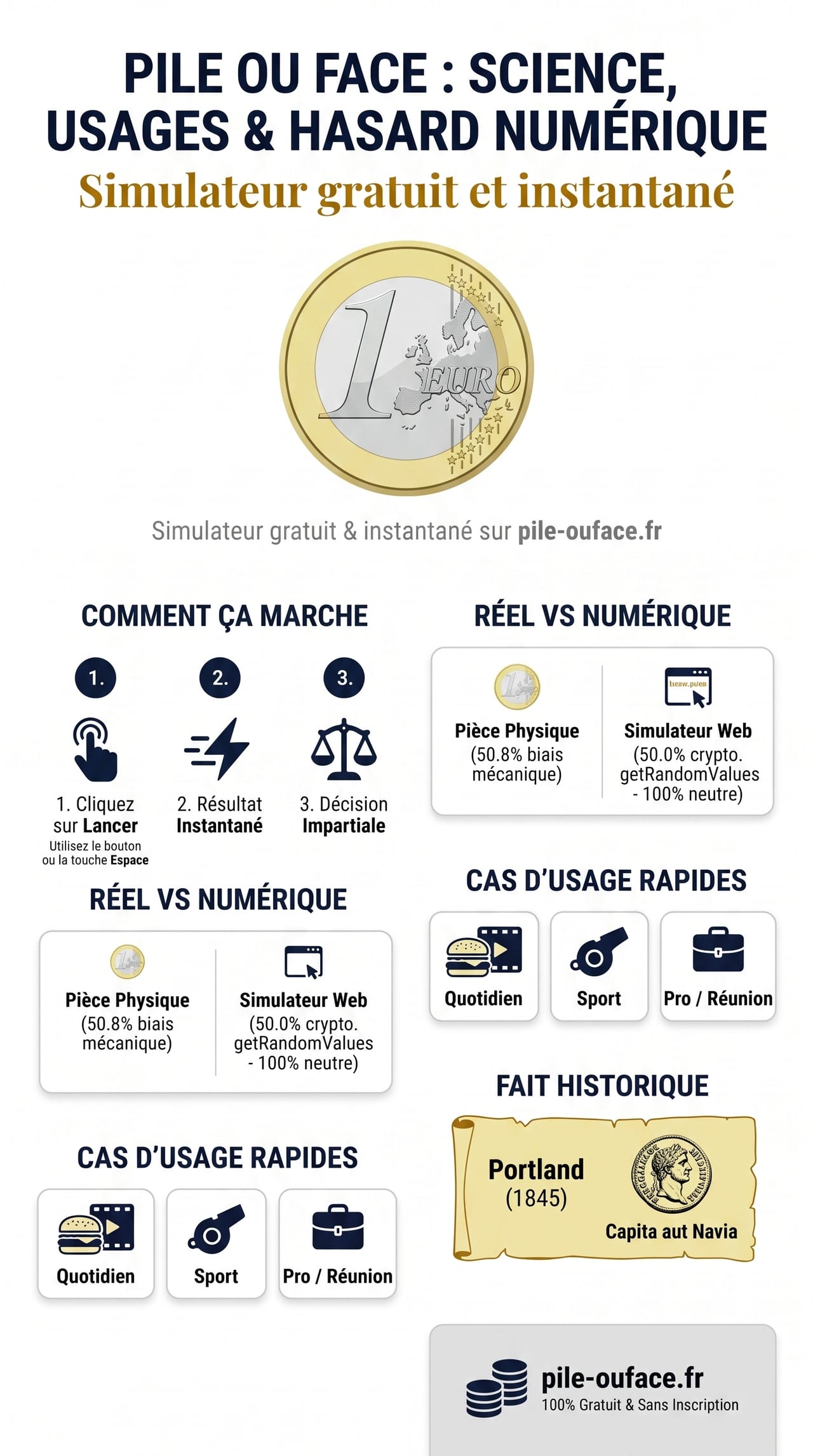 Infographie pile ou face : science, hasard numérique, usages rapides et histoire